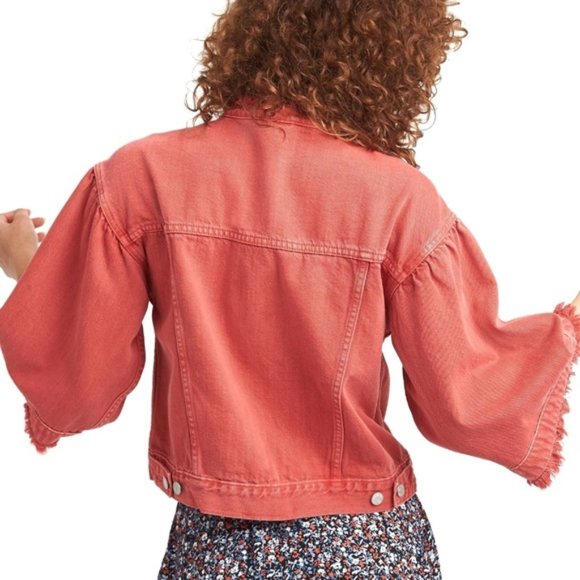 GAP Fringe Boho Denim Jacket with wide bell flared sleeves in Red Crimson S - Picture 4 of 13